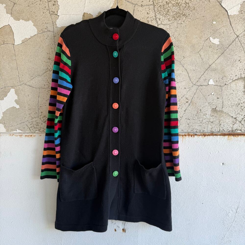 Vtg Cardigan Bob Mackie Rainbow Stripe Longline Sweater Womens M 90s Art Teacher